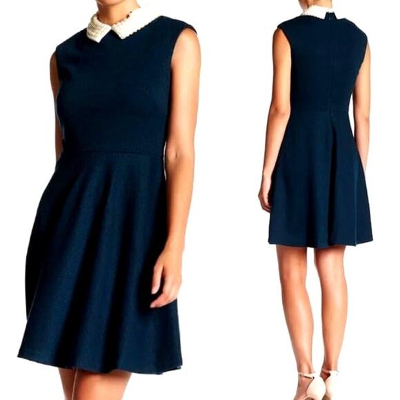 BETSEY JOHNSON BLACK FIT AND FLAIR PEARL COLLAR STRETCH BOUCLE DRESS 6 - Picture 2 of 9